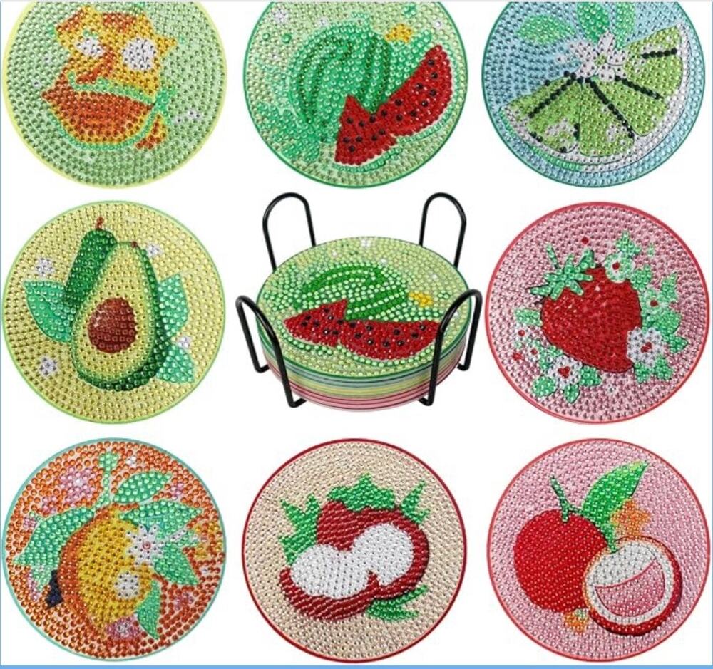 Fruit kitchen home Acrylic Shiny DIY Diamond Coasters set of 8